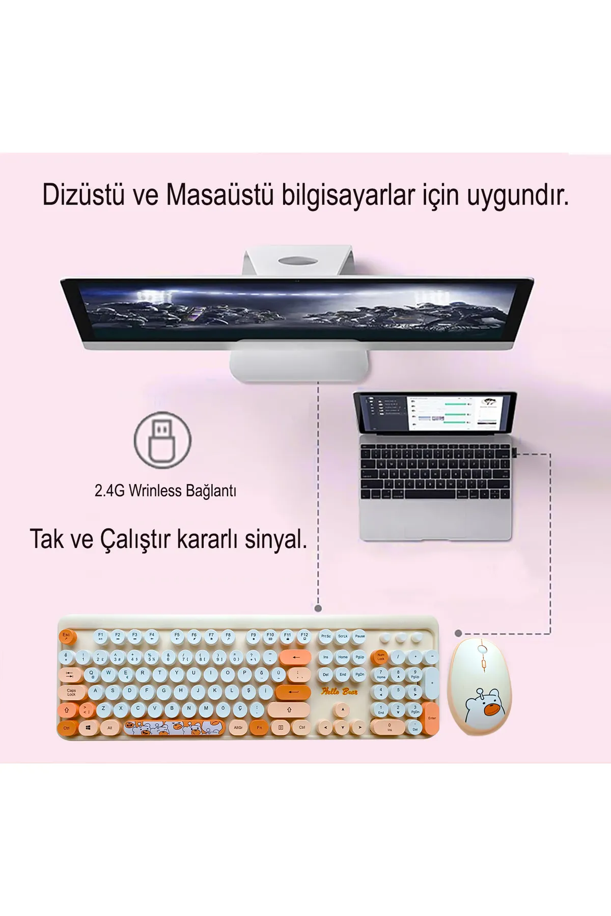 Mofii Hellobear Yuvarlak Tuşlu Ayıcık Desenli Kablosuz Kahverengi Klavye Mouse Set